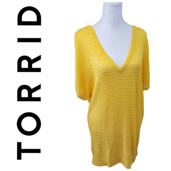 Torrid Open Stitch Cold Shoulder Yellow Dolman Sweater Sz 1X - Picture 1 of 13